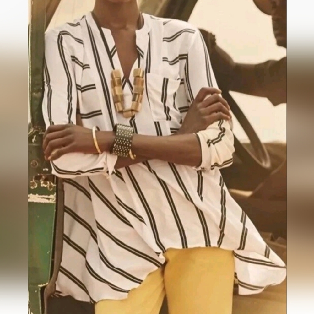 Maeve Anthropologie Striped Sharkbite Hem Top Womens 6 Ivory Black Office Career